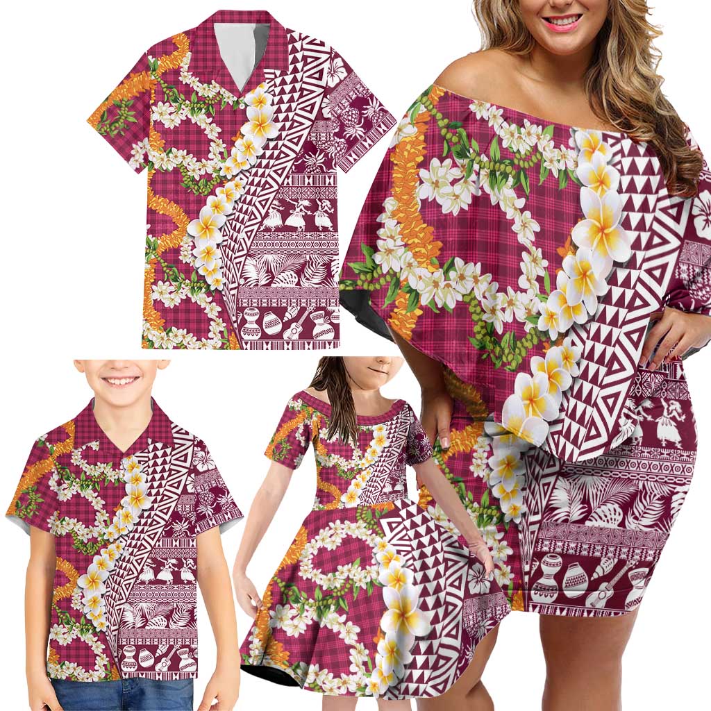 Hawaiian Plumeria Lei Family Matching Off Shoulder Short Dress and Hawaiian Shirt Kakau Motifs and Palaka Half Style Pink Color LT03 - Polynesian Pride