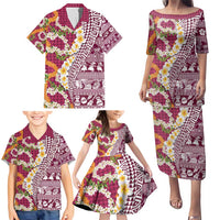 Hawaiian Plumeria Lei Family Matching Puletasi and Hawaiian Shirt Kakau Motifs and Palaka Half Style Pink Color - Polynesian Pride