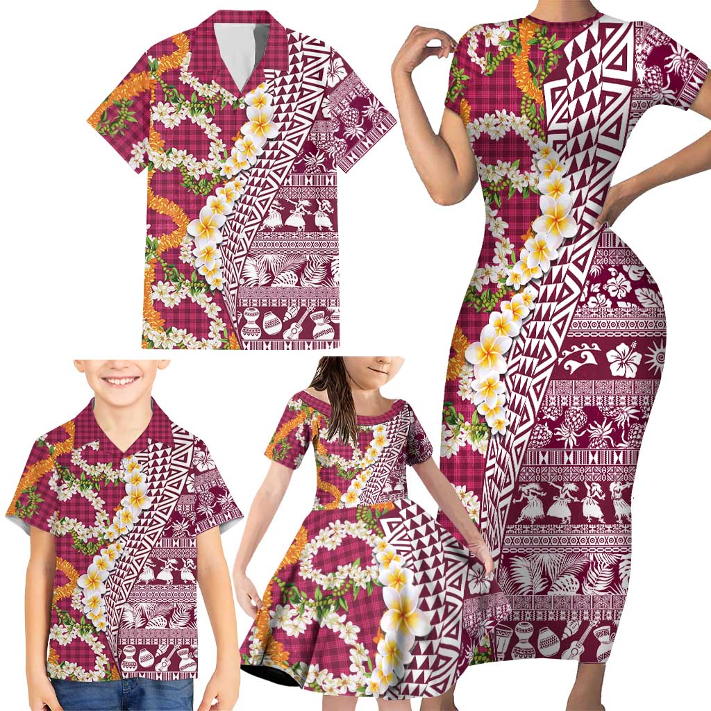 Hawaiian Plumeria Lei Family Matching Short Sleeve Bodycon Dress and Hawaiian Shirt Kakau Motifs and Palaka Half Style Pink Color LT03 - Polynesian Pride
