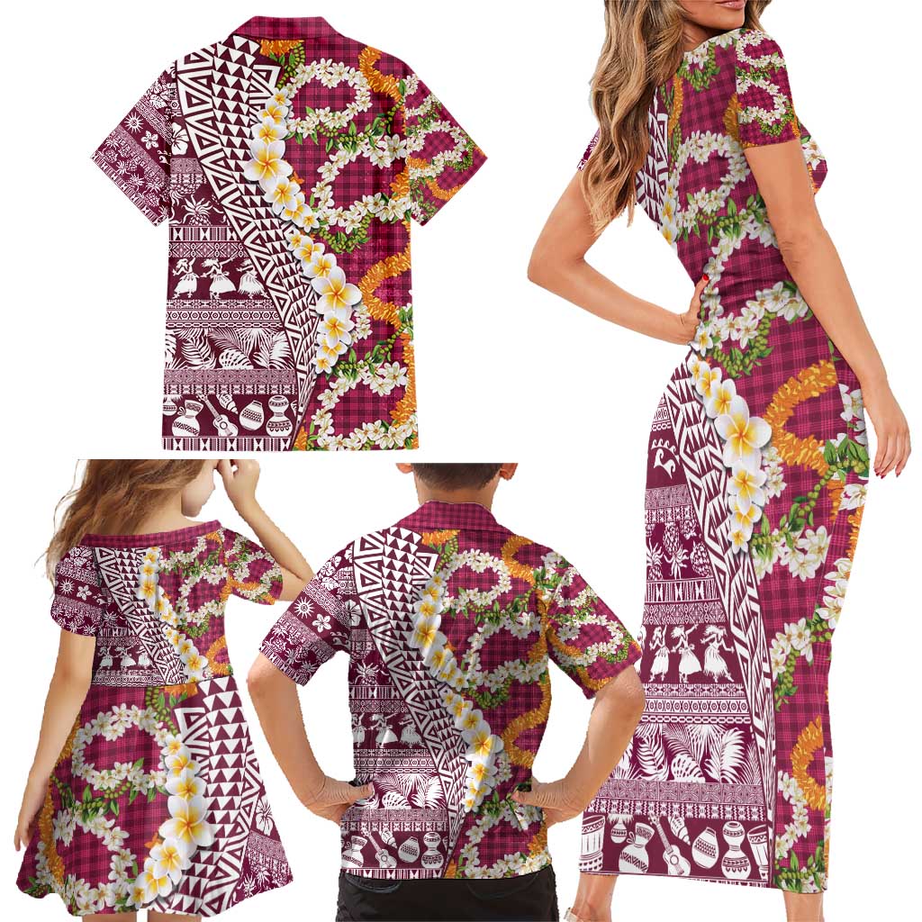 Hawaiian Plumeria Lei Family Matching Short Sleeve Bodycon Dress and Hawaiian Shirt Kakau Motifs and Palaka Half Style Pink Color - Polynesian Pride
