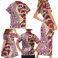 Hawaiian Plumeria Lei Family Matching Short Sleeve Bodycon Dress and Hawaiian Shirt Kakau Motifs and Palaka Half Style Pink Color - Polynesian Pride