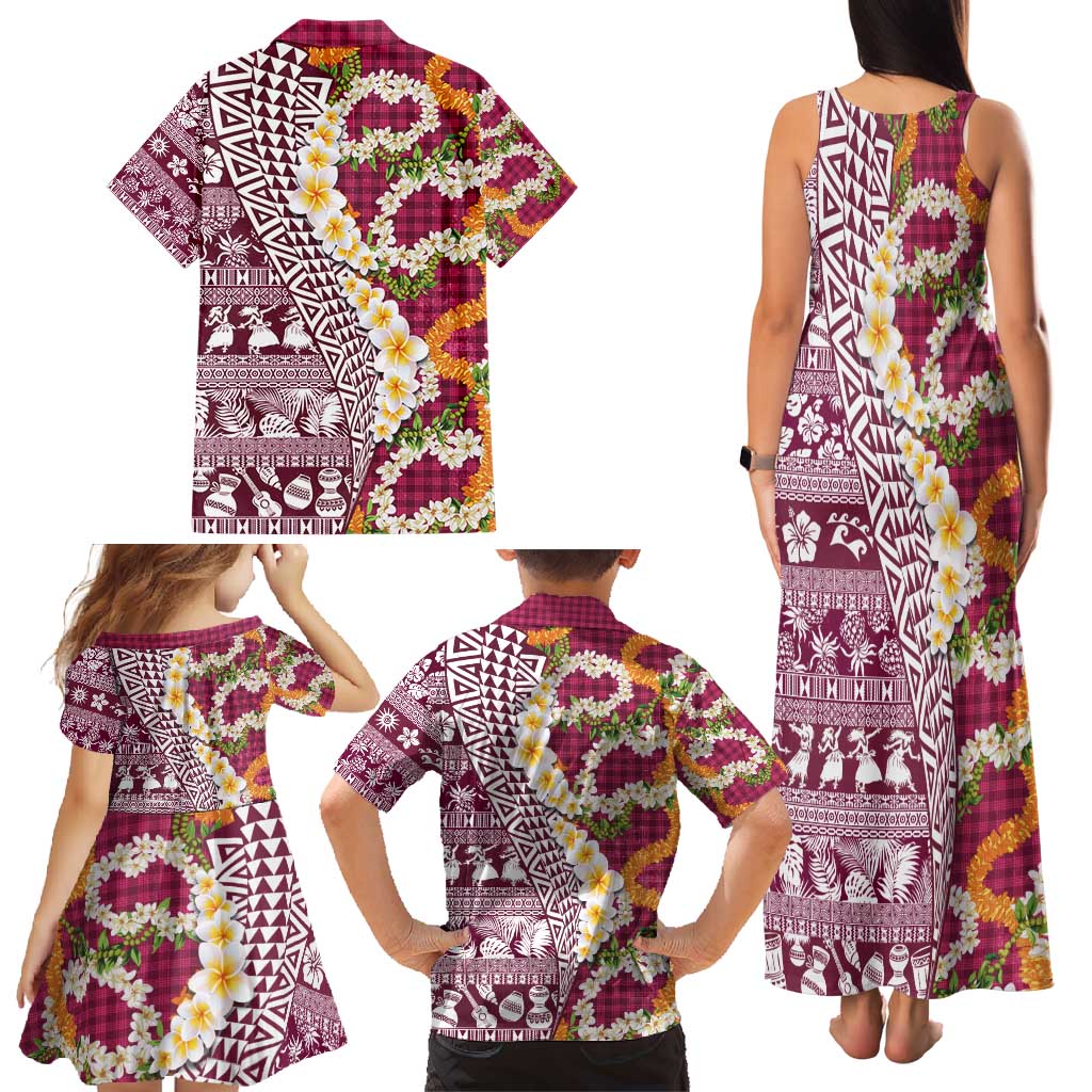 Hawaiian Plumeria Lei Family Matching Tank Maxi Dress and Hawaiian Shirt Kakau Motifs and Palaka Half Style Pink Color - Polynesian Pride