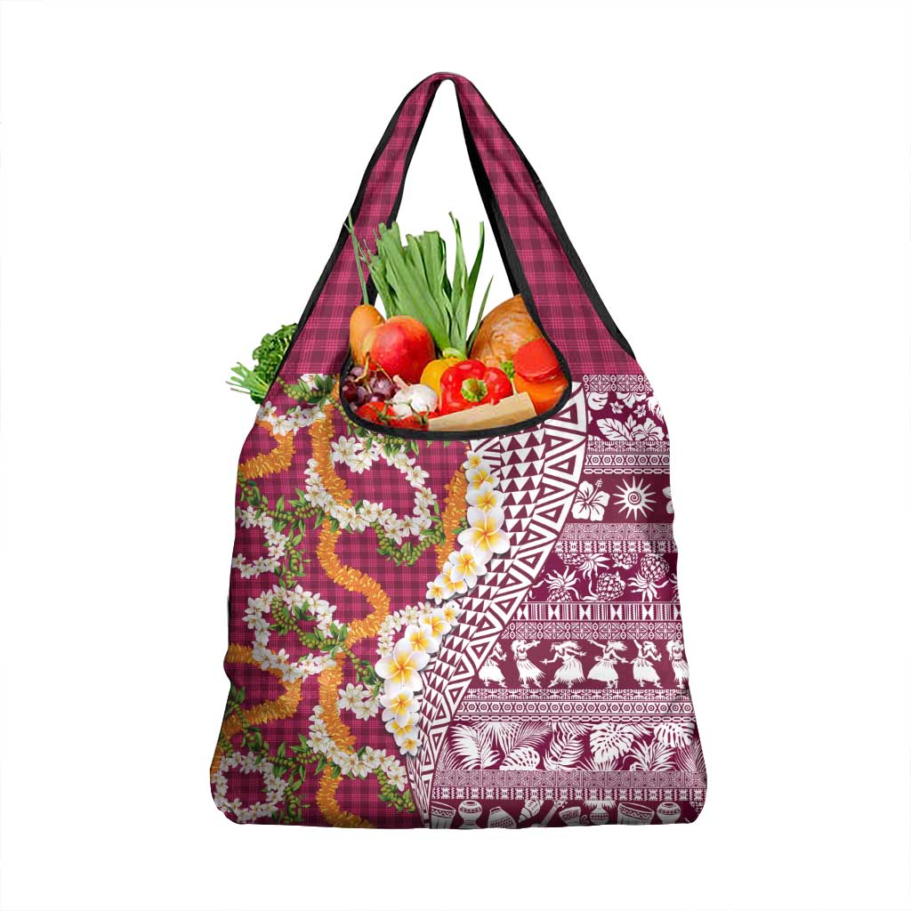 Hawaiian Plumeria Lei Grocery Bag Kakau Motifs and Palaka Half Style Pink Color - Polynesian Pride