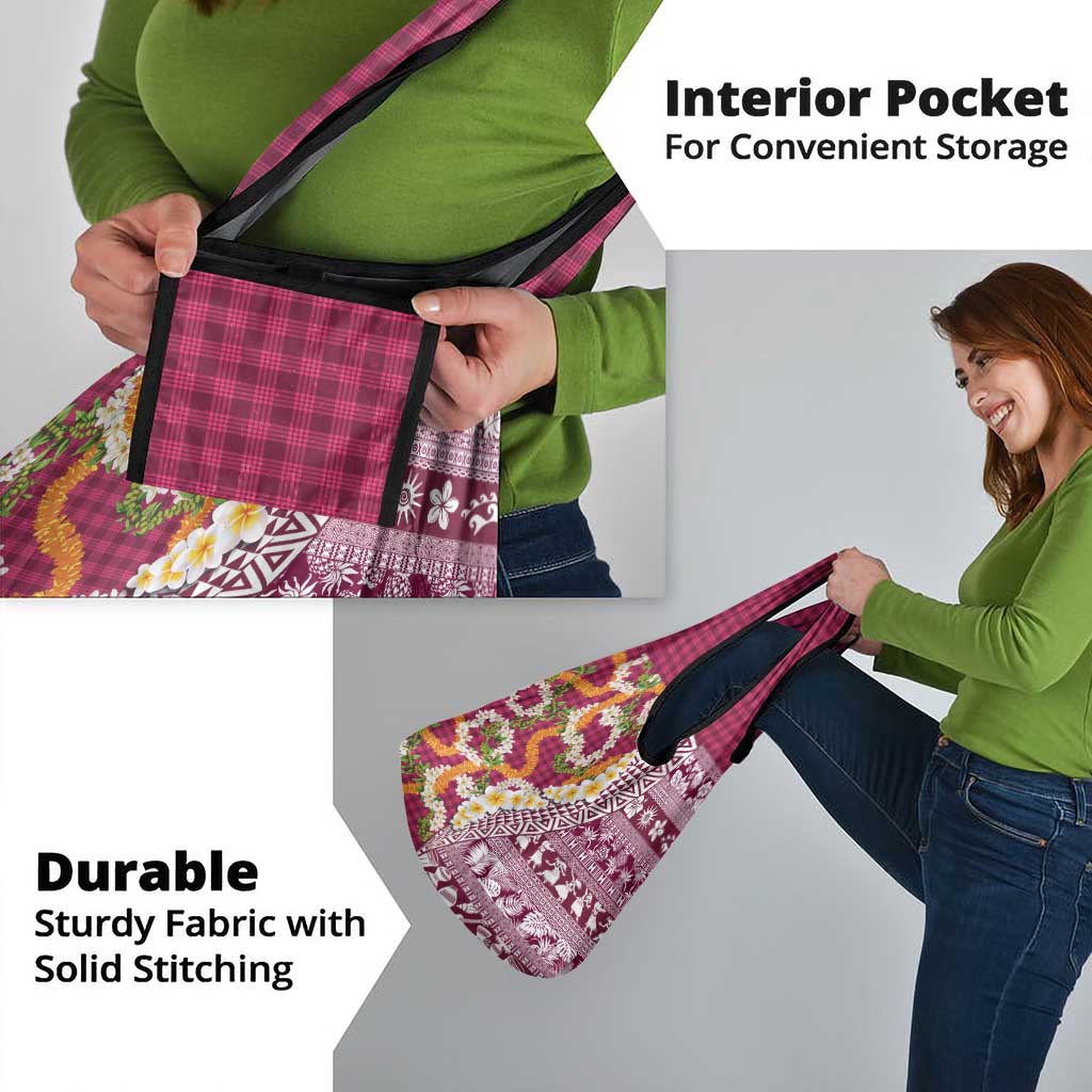 Hawaiian Plumeria Lei Grocery Bag Kakau Motifs and Palaka Half Style Pink Color - Polynesian Pride