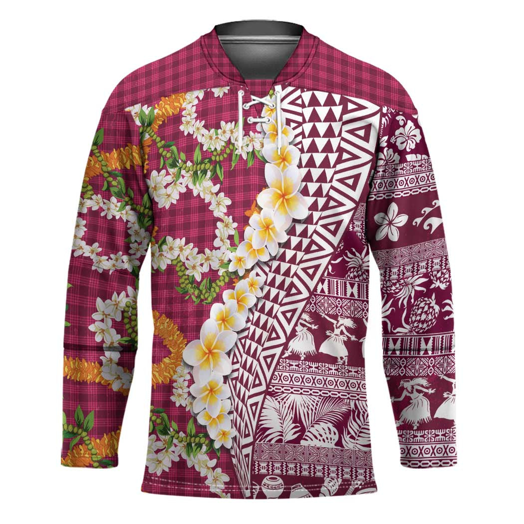 Hawaiian Plumeria Lei Hockey Jersey Kakau Motifs and Palaka Half Style Pink Color - Polynesian Pride