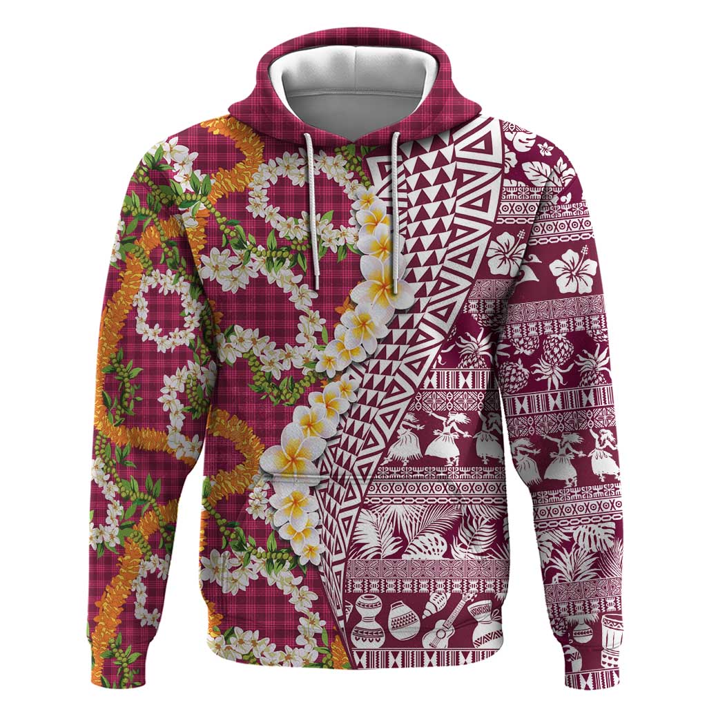 Hawaiian Plumeria Lei Hoodie Kakau Motifs and Palaka Half Style Pink Color LT03 Pullover Hoodie Pink - Polynesian Pride