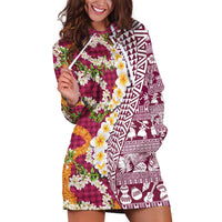 Hawaiian Plumeria Lei Hoodie Dress Kakau Motifs and Palaka Half Style Pink Color - Polynesian Pride
