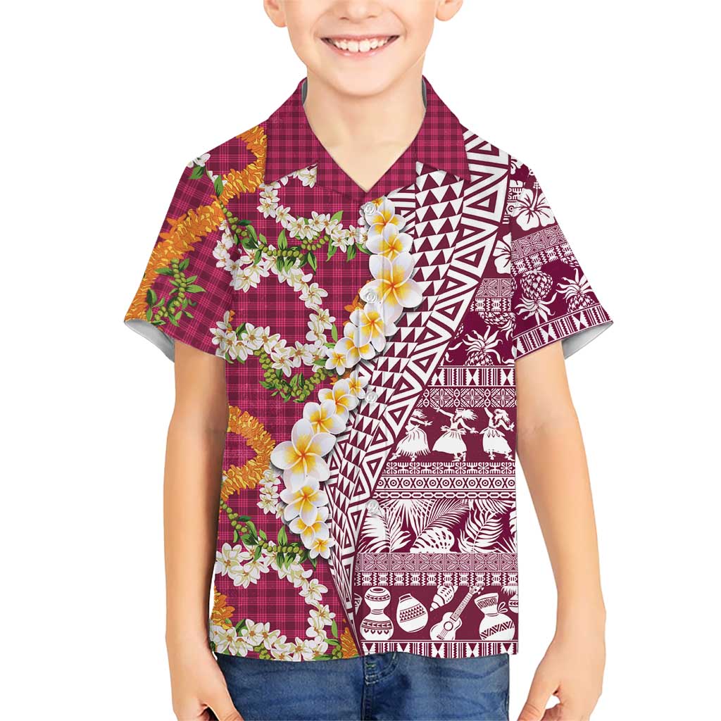 Hawaiian Plumeria Lei Kid Hawaiian Shirt Kakau Motifs and Palaka Half Style Pink Color LT03 Kid Pink - Polynesian Pride