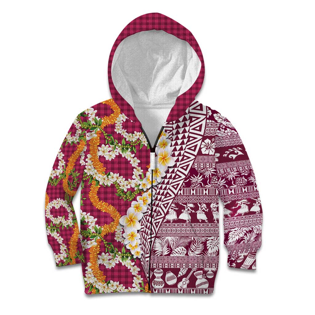 Hawaiian Plumeria Lei Kid Hoodie Kakau Motifs and Palaka Half Style Pink Color - Polynesian Pride