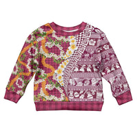 Hawaiian Plumeria Lei Kid Ugly Christmas Sweater Kakau Motifs and Palaka Half Style Pink Color - Polynesian Pride