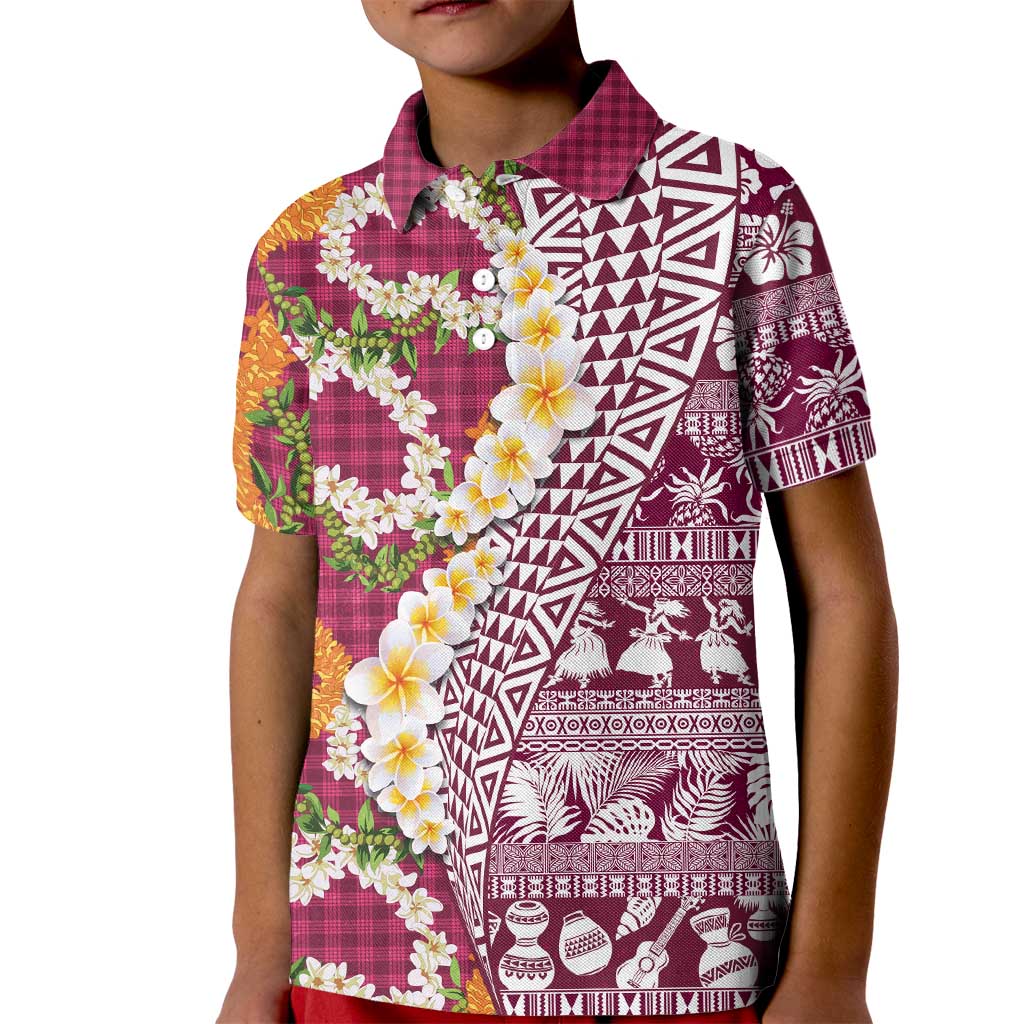 Hawaiian Plumeria Lei Kid Polo Shirt Kakau Motifs and Palaka Half Style Pink Color LT03 Kid Pink - Polynesian Pride