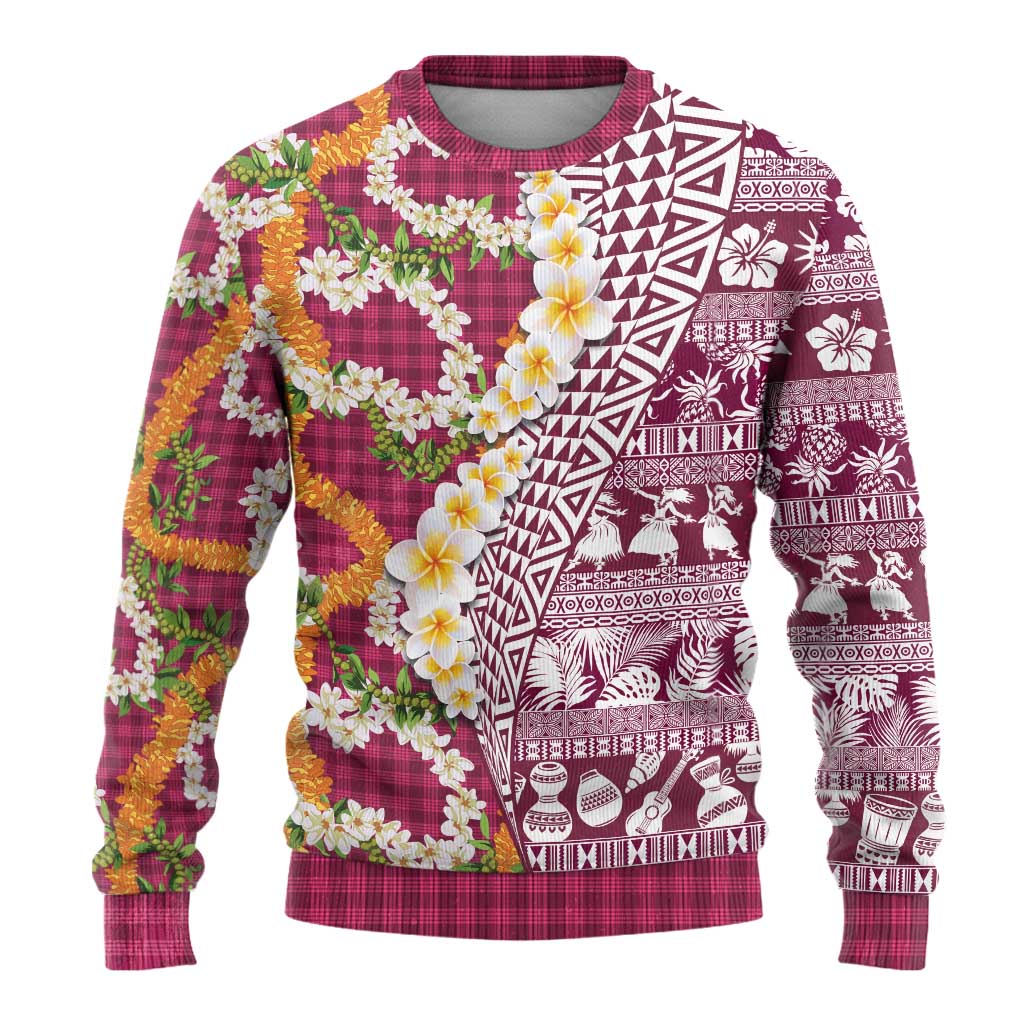 Hawaiian Plumeria Lei Ugly Christmas Sweater Kakau Motifs and Palaka Half Style Pink Color - Polynesian Pride