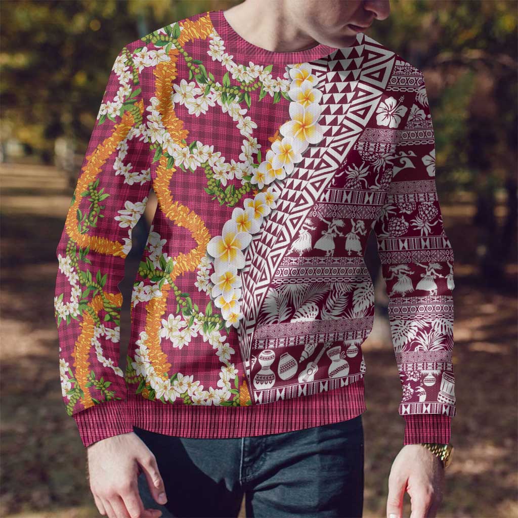 Hawaiian Plumeria Lei Ugly Christmas Sweater Kakau Motifs and Palaka Half Style Pink Color - Polynesian Pride