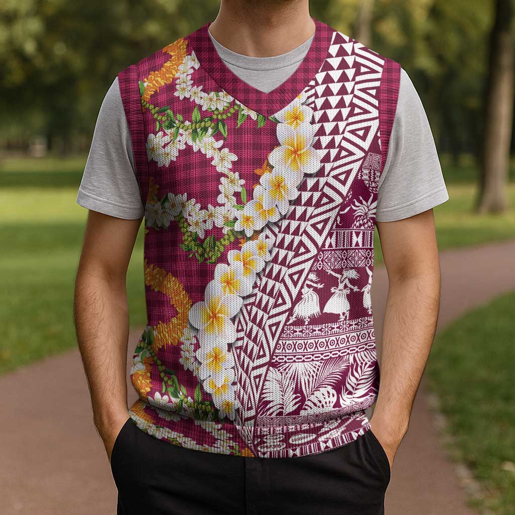 Hawaiian Plumeria Lei Christmas Knitted V-Neck Vest Kakau Motifs and Palaka Half Style Pink Color - Polynesian Pride