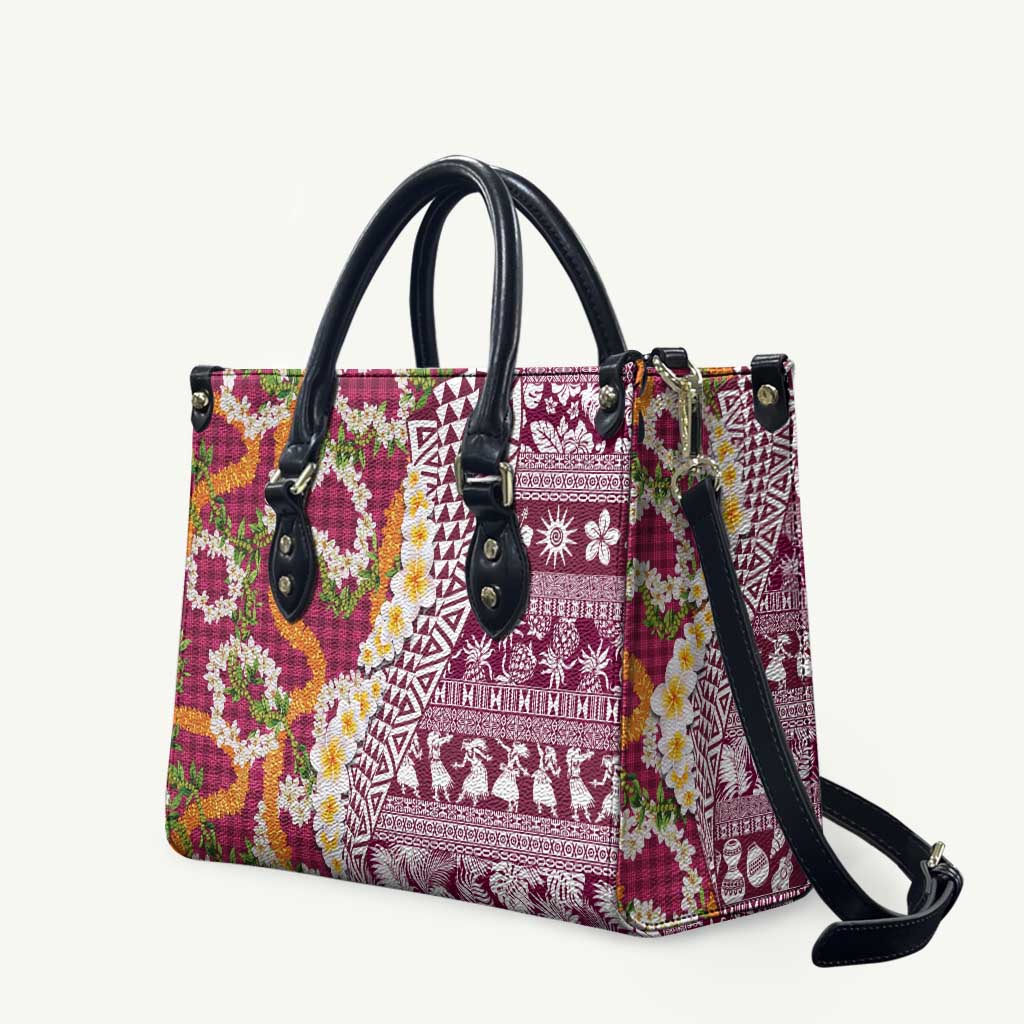 Hawaiian Plumeria Lei Leather Bag Kakau Motifs and Palaka Half Style Pink Color - Polynesian Pride
