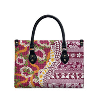 Hawaiian Plumeria Lei Leather Bag Kakau Motifs and Palaka Half Style Pink Color - Polynesian Pride