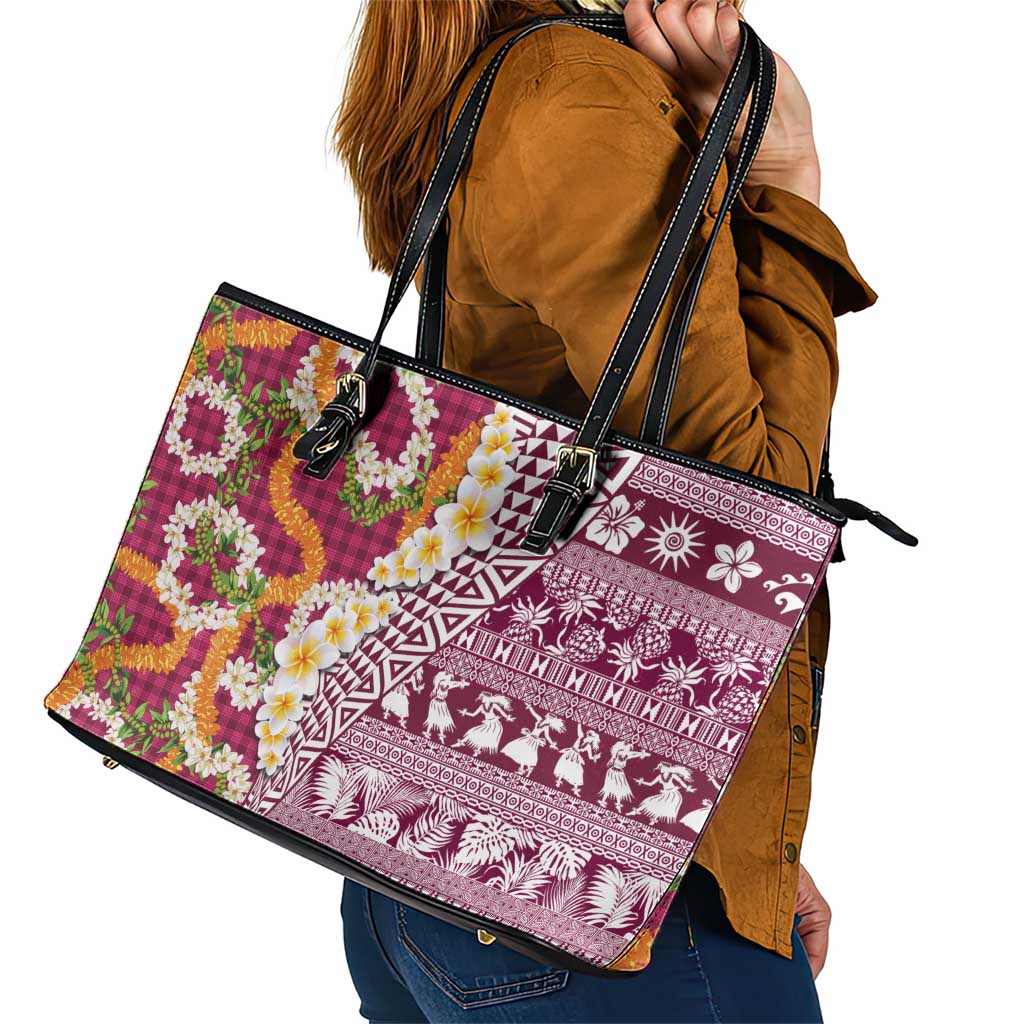 Hawaiian Plumeria Lei Leather Tote Bag Kakau Motifs and Palaka Half Style Pink Color - Polynesian Pride