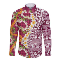 Hawaiian Plumeria Lei Long Sleeve Button Shirt Kakau Motifs and Palaka Half Style Pink Color - Polynesian Pride