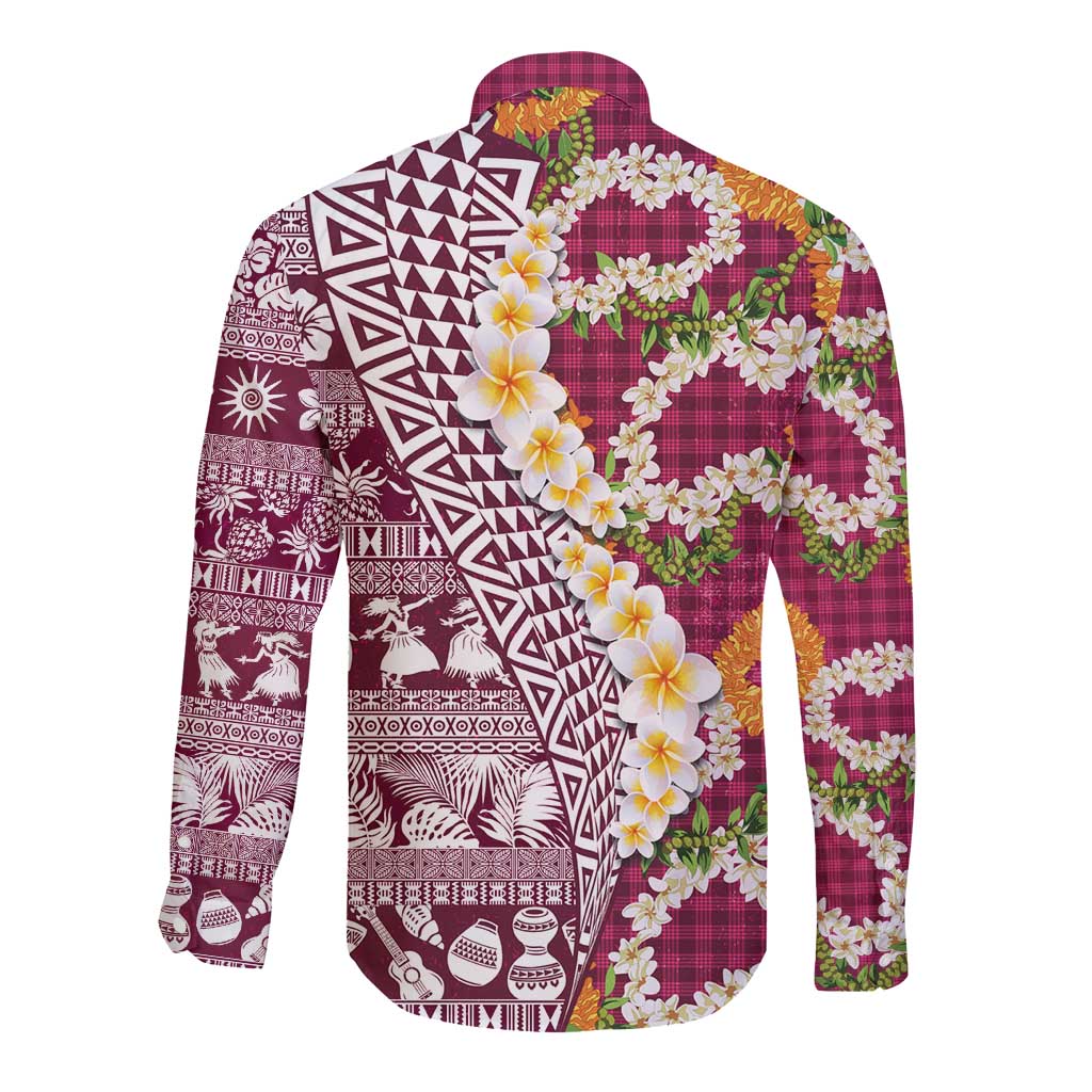Hawaiian Plumeria Lei Long Sleeve Button Shirt Kakau Motifs and Palaka Half Style Pink Color - Polynesian Pride