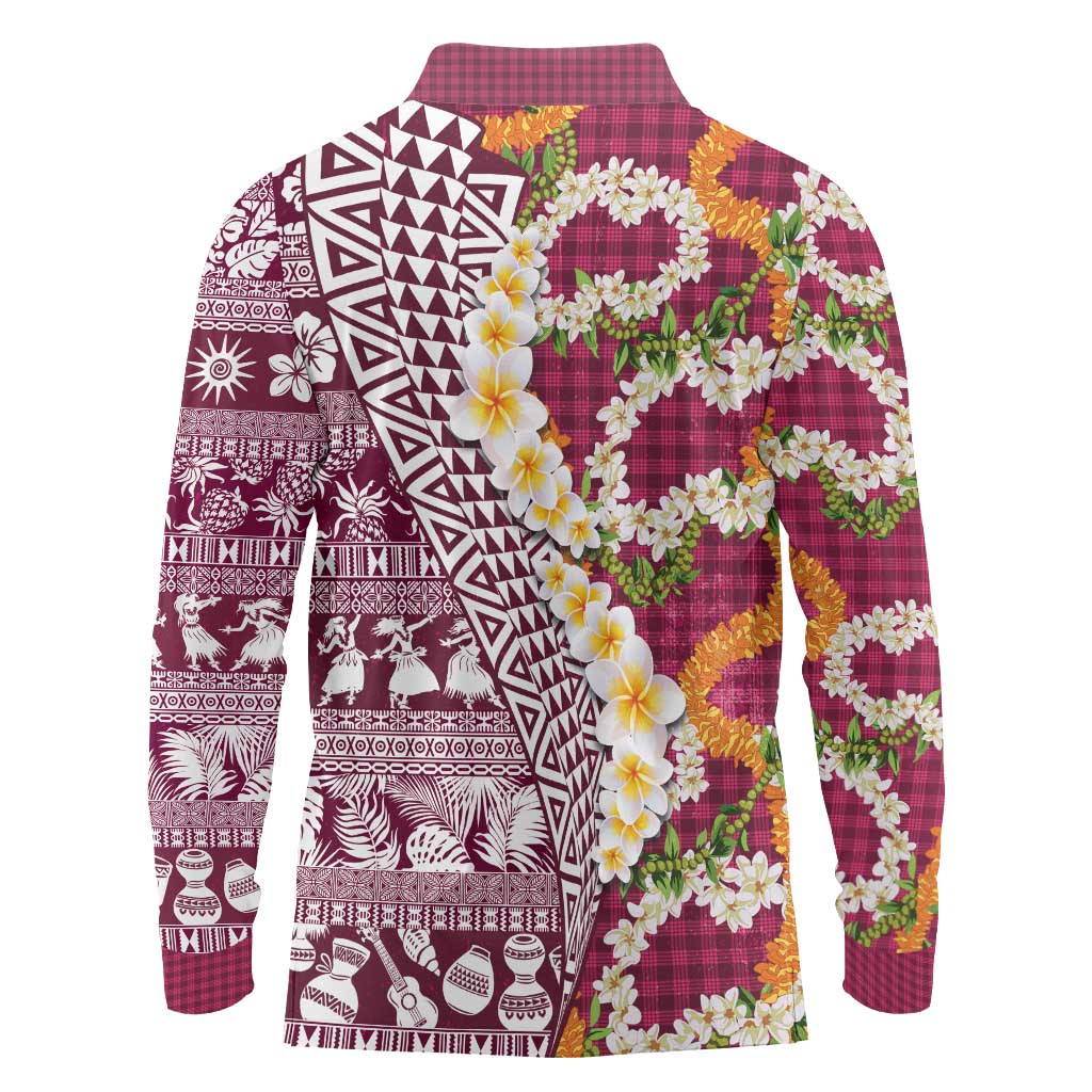 Hawaiian Plumeria Lei Long Sleeve Polo Shirt Kakau Motifs and Palaka Half Style Pink Color - Polynesian Pride