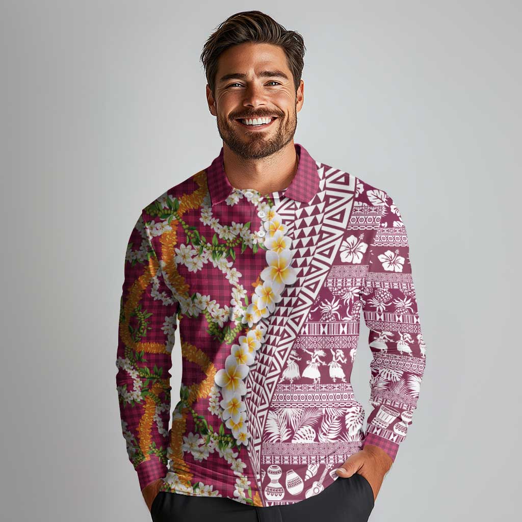Hawaiian Plumeria Lei Long Sleeve Polo Shirt Kakau Motifs and Palaka Half Style Pink Color - Polynesian Pride