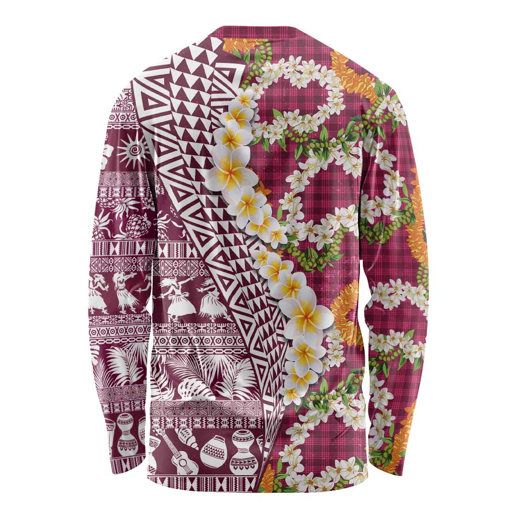 Hawaiian Plumeria Lei Long Sleeve Shirt Kakau Motifs and Palaka Half Style Pink Color - Polynesian Pride