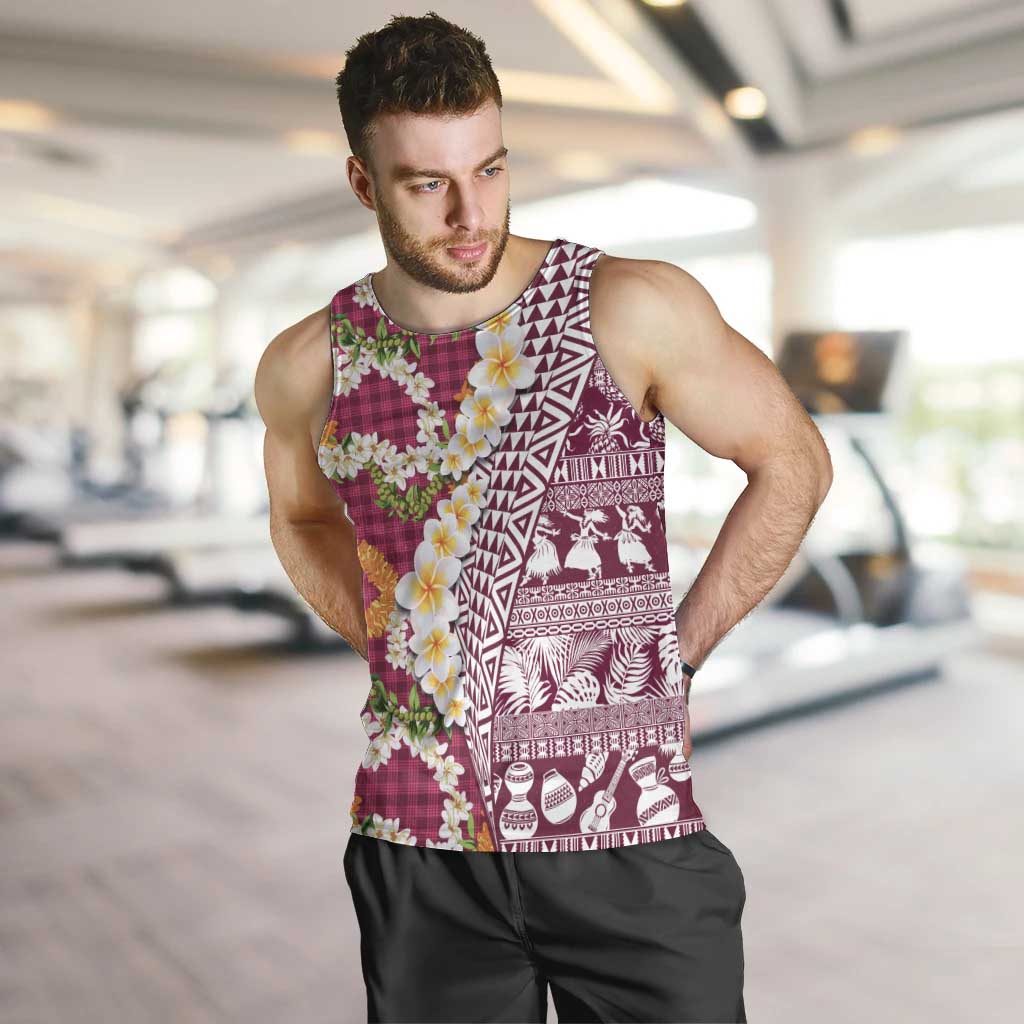 Hawaiian Plumeria Lei Men Tank Top Kakau Motifs and Palaka Half Style Pink Color - Polynesian Pride