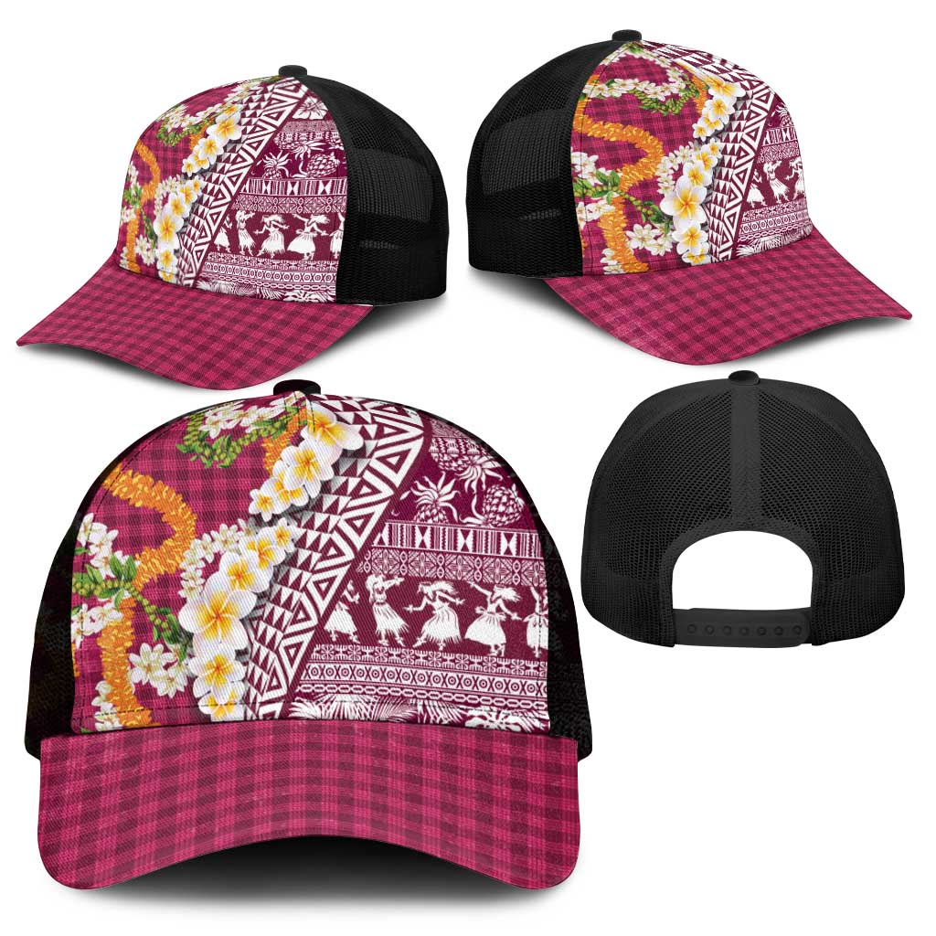 Hawaiian Plumeria Lei Mesh Trucker Cap Kakau Motifs and Palaka Half Style Pink Color - Polynesian Pride