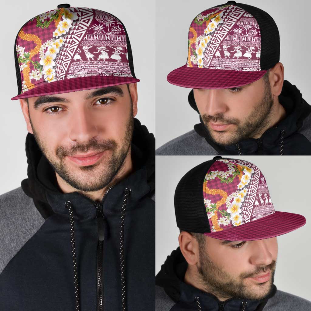 Hawaiian Plumeria Lei Mesh Trucker Cap Kakau Motifs and Palaka Half Style Pink Color - Polynesian Pride