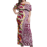 Hawaiian Plumeria Lei Off Shoulder Maxi Dress Kakau Motifs and Palaka Half Style Pink Color - Polynesian Pride