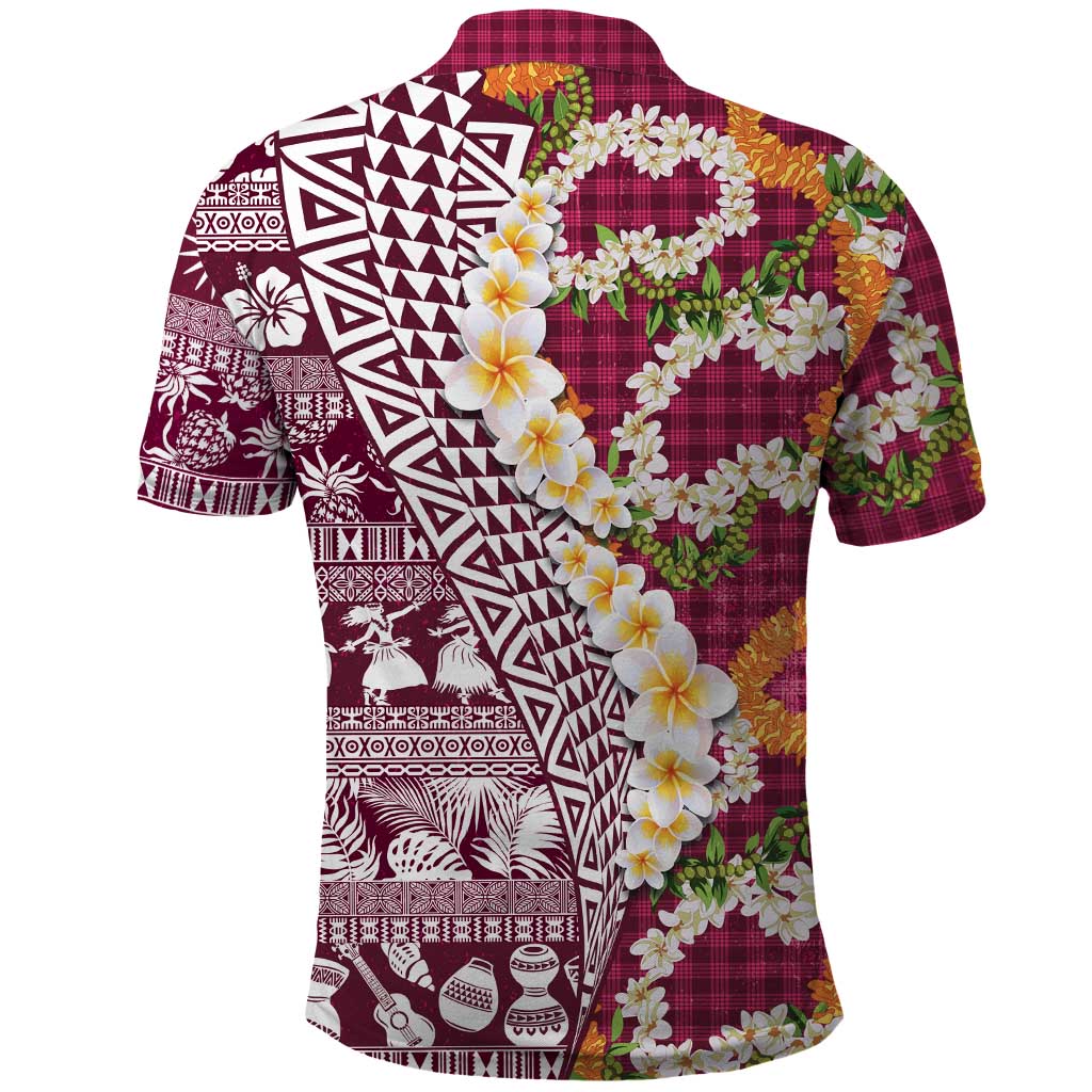 Hawaiian Plumeria Lei Polo Shirt Kakau Motifs and Palaka Half Style Pink Color - Polynesian Pride