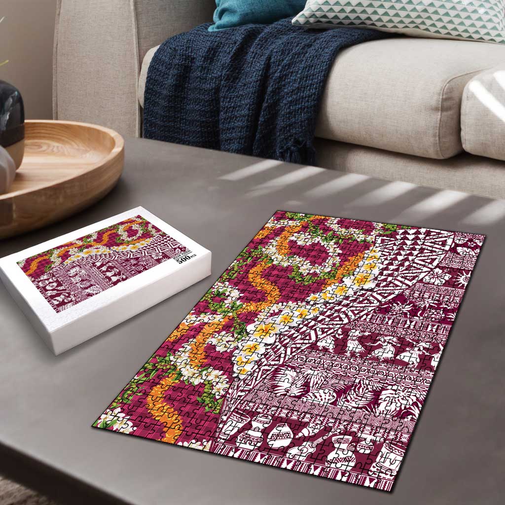 Hawaiian Plumeria Lei Puzzle Kakau Motifs and Palaka Half Style Pink Color - Polynesian Pride