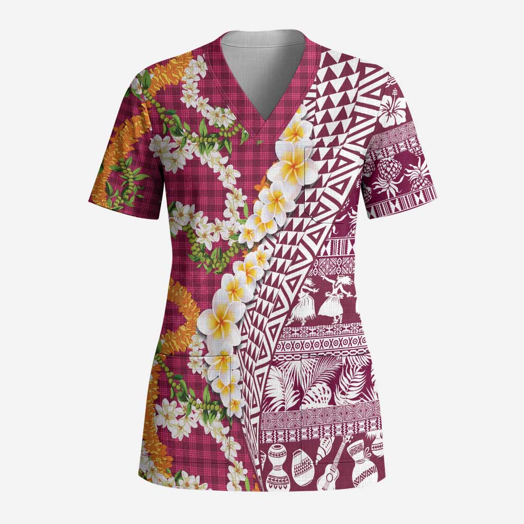 Hawaiian Plumeria Lei Scrub Top Kakau Motifs and Palaka Half Style Pink Color - Polynesian Pride