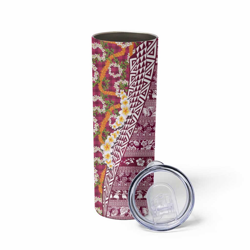 Hawaiian Plumeria Lei Skinny Tumbler Kakau Motifs and Palaka Half Style Pink Color - Polynesian Pride