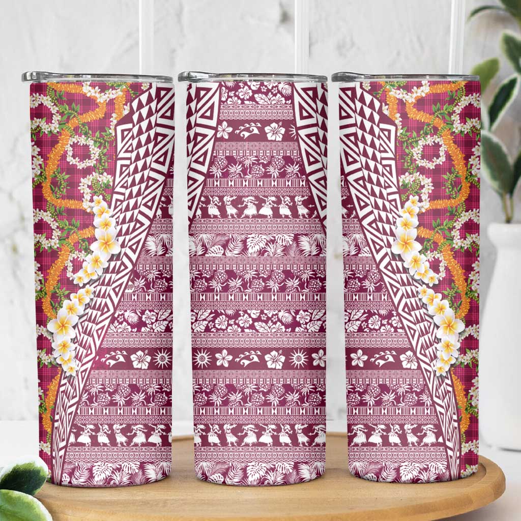 Hawaiian Plumeria Lei Skinny Tumbler Kakau Motifs and Palaka Half Style Pink Color - Polynesian Pride