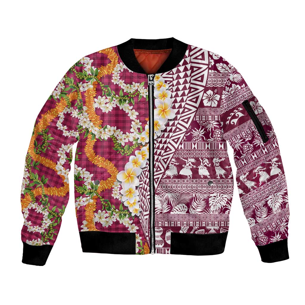 Hawaiian Plumeria Lei Sleeve Zip Bomber Jacket Kakau Motifs and Palaka Half Style Pink Color - Polynesian Pride