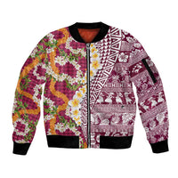 Hawaiian Plumeria Lei Sleeve Zip Bomber Jacket Kakau Motifs and Palaka Half Style Pink Color - Polynesian Pride