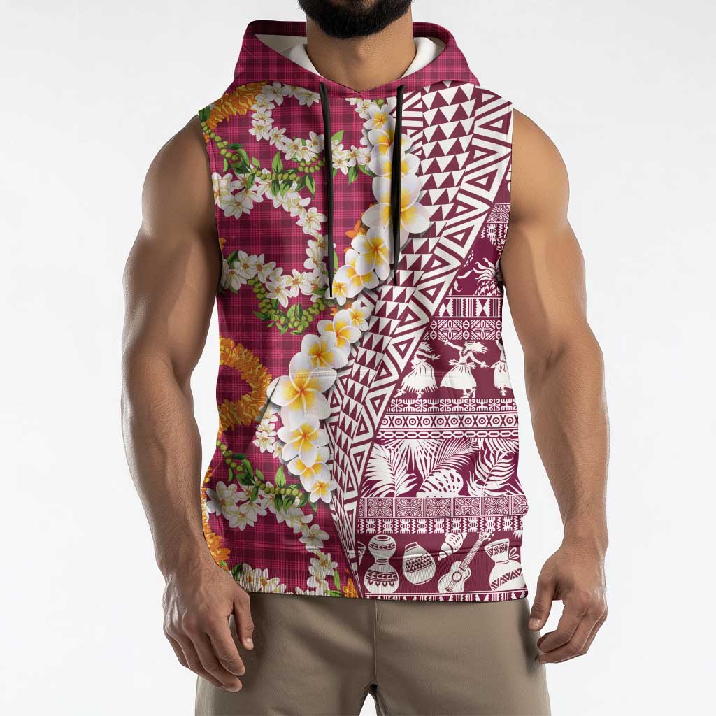Hawaiian Plumeria Lei Sleeveless Hoodie Kakau Motifs and Palaka Half Style Pink Color - Polynesian Pride