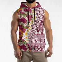 Hawaiian Plumeria Lei Sleeveless Hoodie Kakau Motifs and Palaka Half Style Pink Color - Polynesian Pride