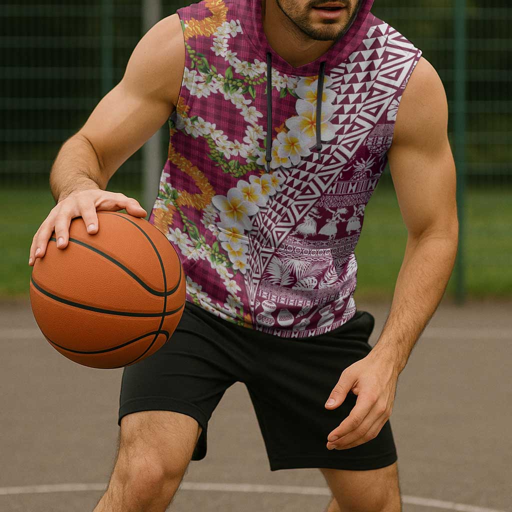 Hawaiian Plumeria Lei Sleeveless Hoodie Kakau Motifs and Palaka Half Style Pink Color - Polynesian Pride