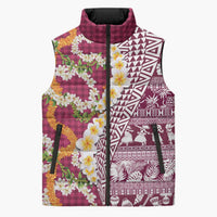 Hawaiian Plumeria Lei Sleeveless Puffer Jacket Kakau Motifs and Palaka Half Style Pink Color - Polynesian Pride