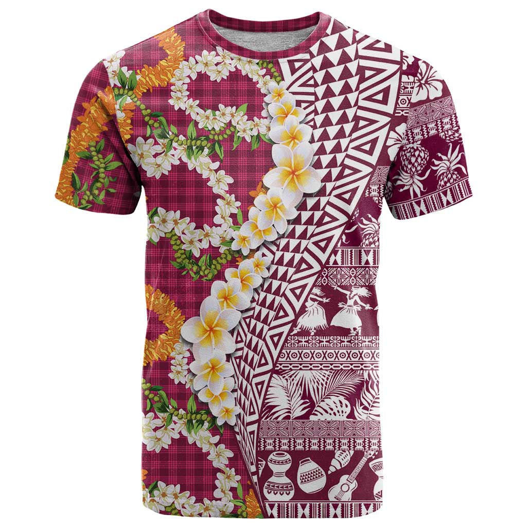 Hawaiian Plumeria Lei T Shirt Kakau Motifs and Palaka Half Style Pink Color - Polynesian Pride