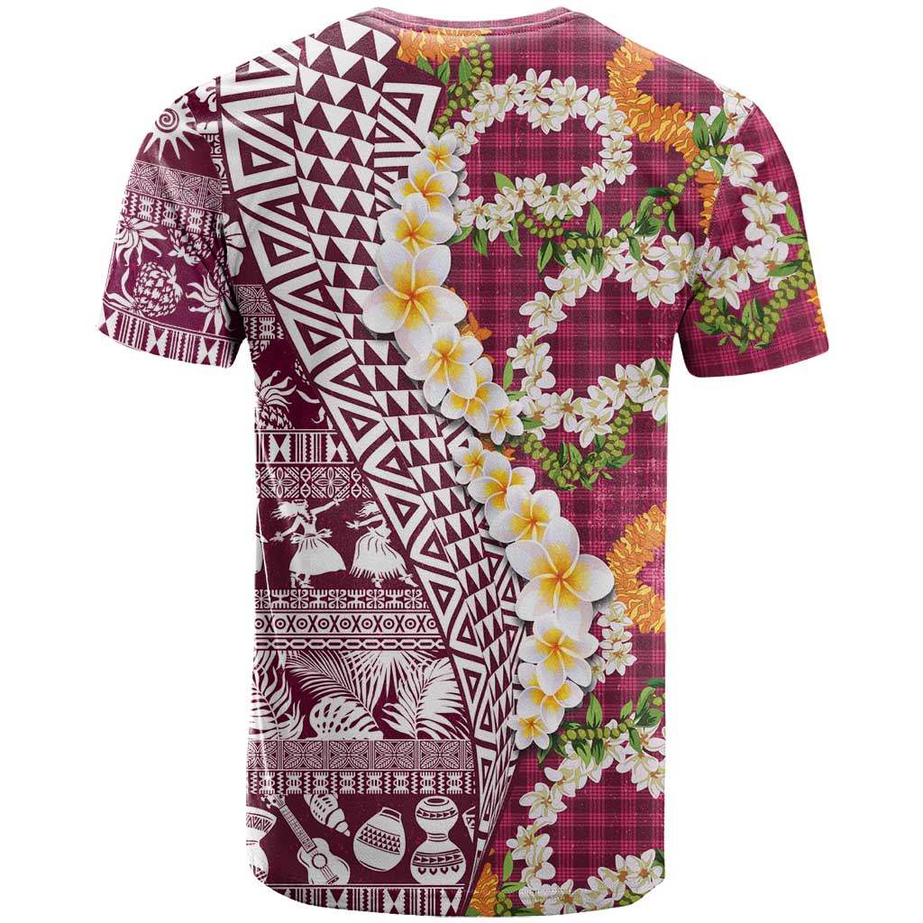 Hawaiian Plumeria Lei T Shirt Kakau Motifs and Palaka Half Style Pink Color LT03 - Polynesian Pride