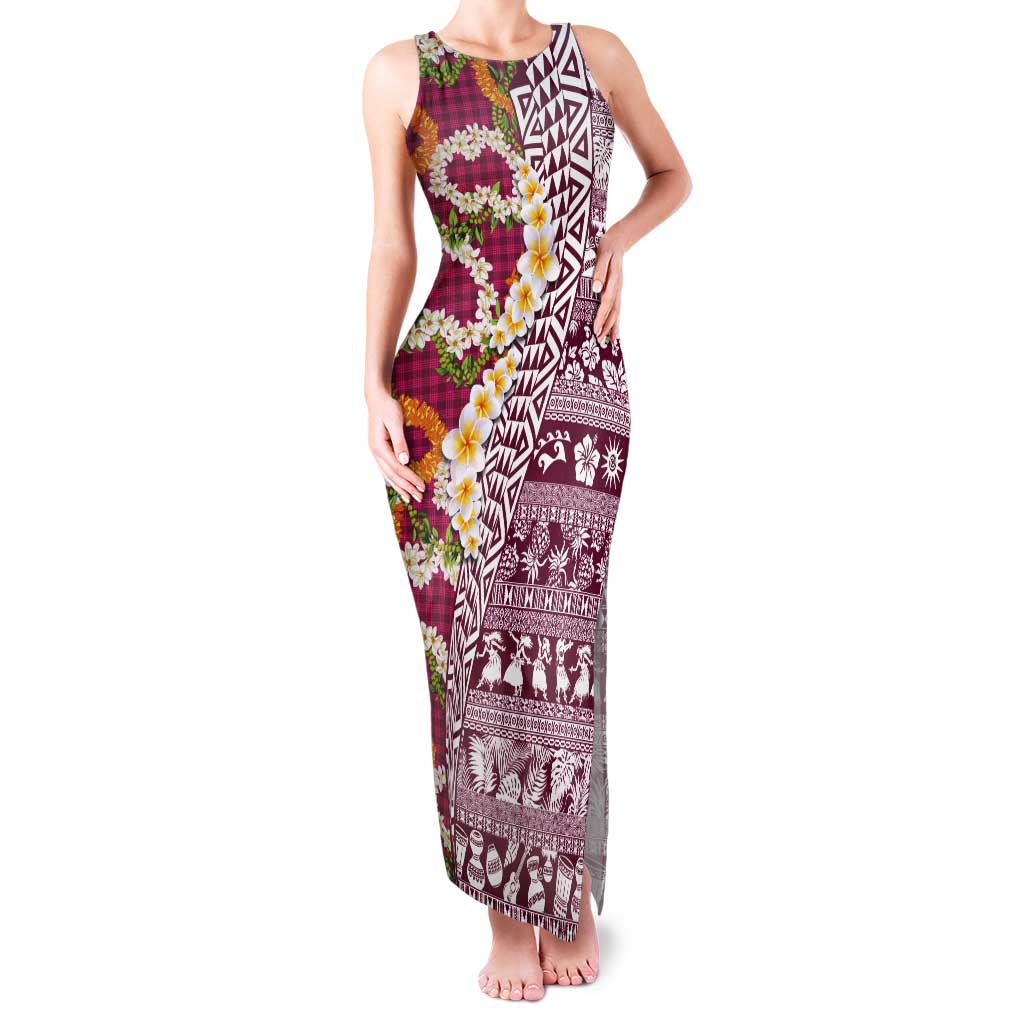 Hawaiian Plumeria Lei Tank Maxi Dress Kakau Motifs and Palaka Half Style Pink Color - Polynesian Pride