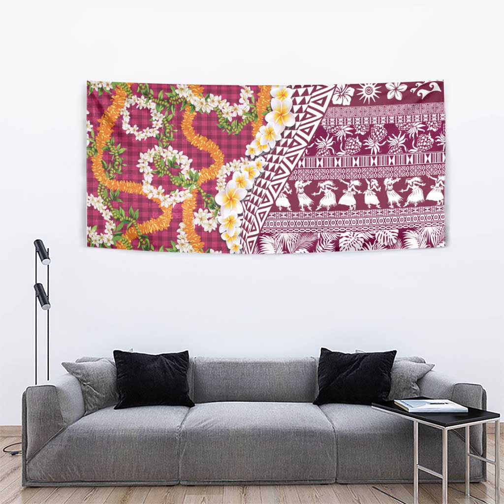Hawaiian Plumeria Lei Tapestry Kakau Motifs and Palaka Half Style Pink Color - Polynesian Pride
