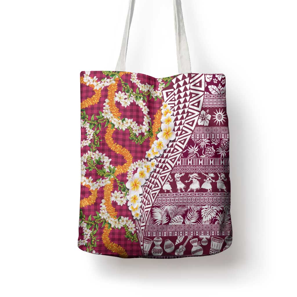 Hawaiian Plumeria Lei Tote Bag Kakau Motifs and Palaka Half Style Pink Color - Polynesian Pride