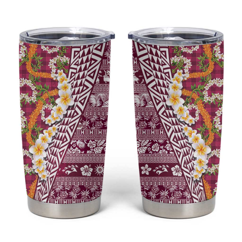 Hawaiian Plumeria Lei Tumbler Cup Kakau Motifs and Palaka Half Style Pink Color - Polynesian Pride