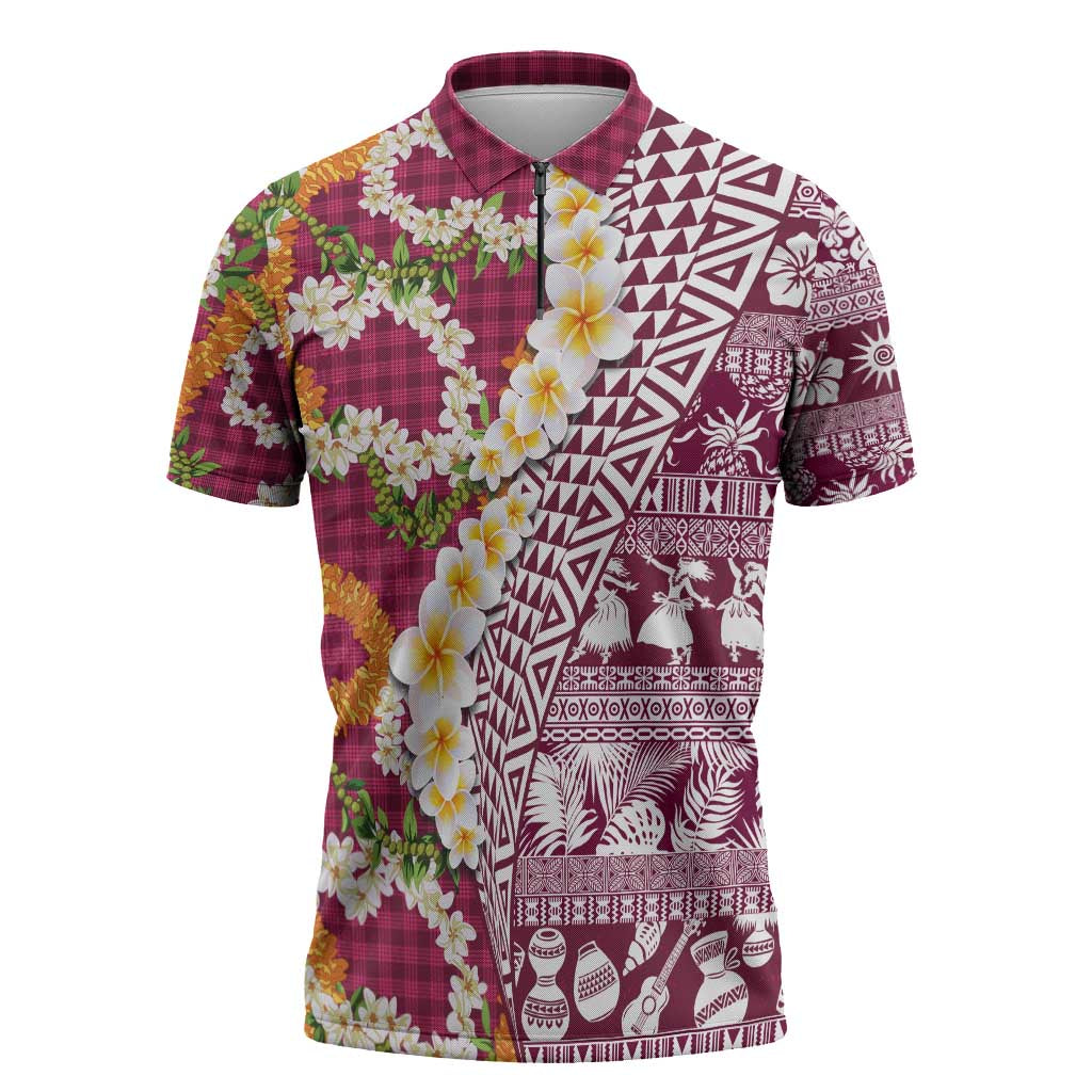 Hawaiian Plumeria Lei Zipper Polo Shirt Kakau Motifs and Palaka Half Style Pink Color - Polynesian Pride