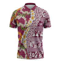 Hawaiian Plumeria Lei Zipper Polo Shirt Kakau Motifs and Palaka Half Style Pink Color - Polynesian Pride