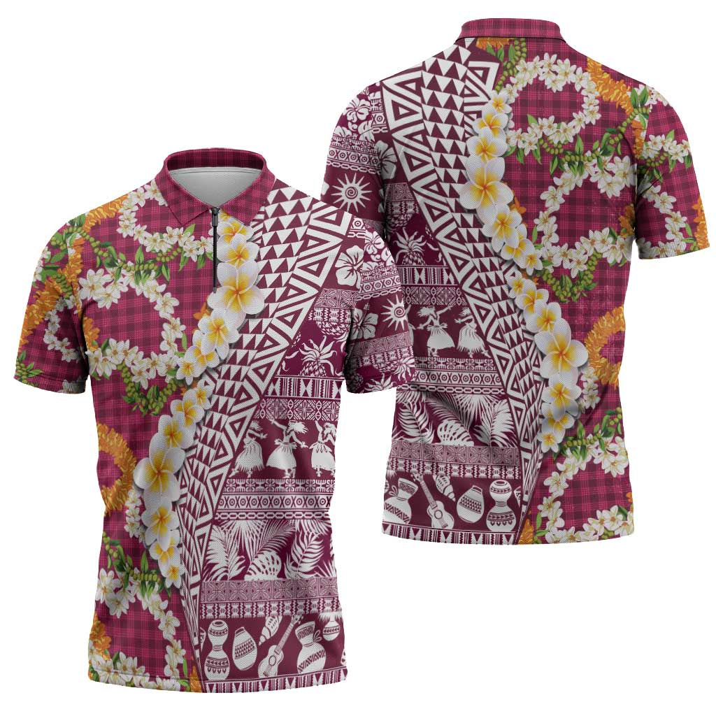 Hawaiian Plumeria Lei Zipper Polo Shirt Kakau Motifs and Palaka Half Style Pink Color - Polynesian Pride